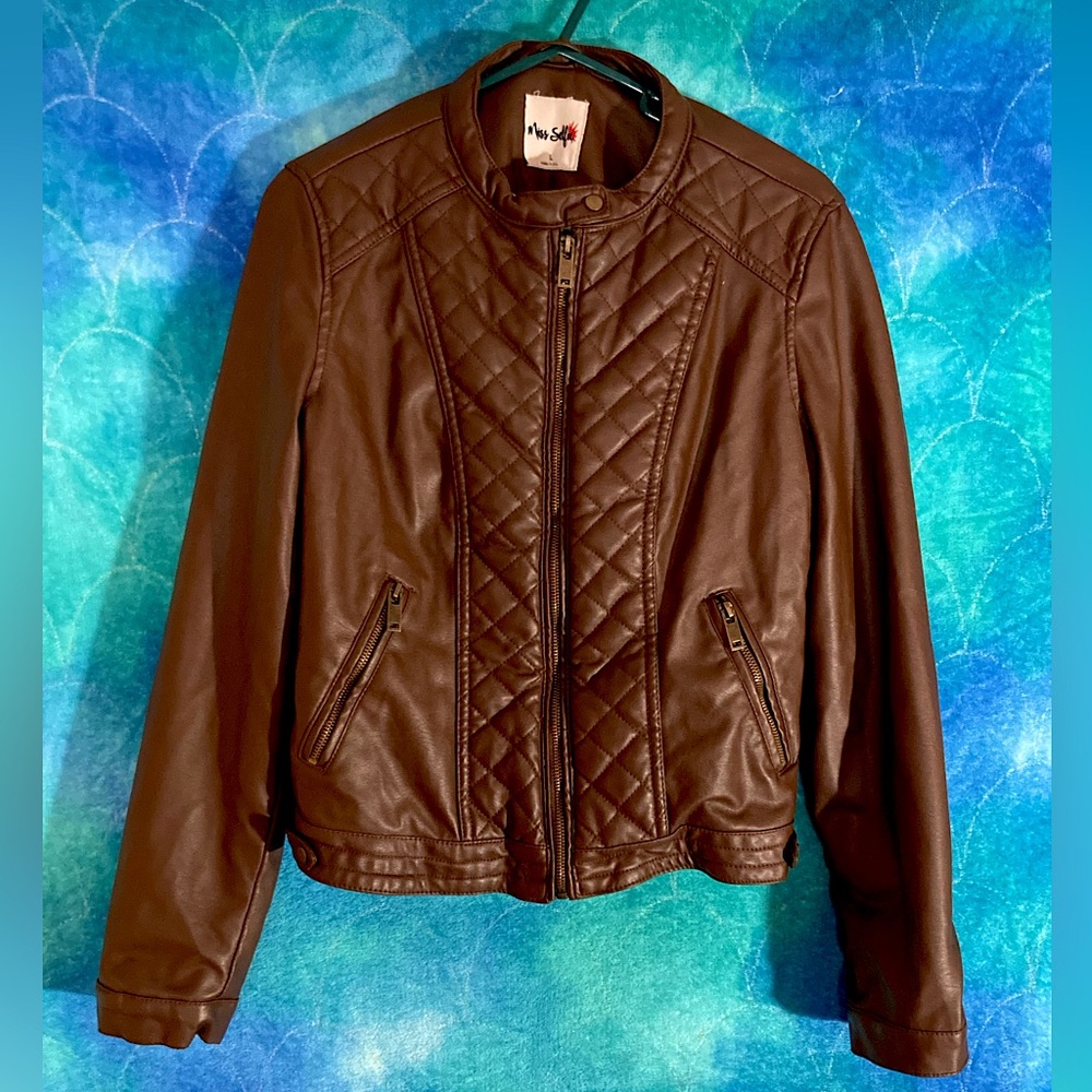 Miss Selfie Women’s Large Brown Leather Zip Up Jacket with Faux Fur Lining